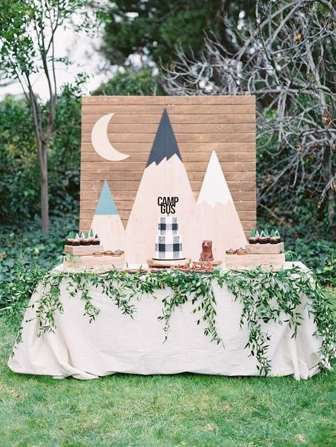 Modern camp-themed 1st birthday party | 100 Layer Cakelet | Bloglovin’ Lila Party, Camping Theme Birthday Party, Camping Theme Birthday, Dessert Table Birthday, Bridal Shower Cake Topper, Camp Theme, Adventure Baby Shower, Camping Birthday Party, First Birthday Cake Topper