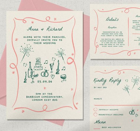 Fun Party Invitations, 1950s Wedding Invitations, Kitsch Wedding Invitation, Wedding Invitations Quirky, Whimsical Save The Date Ideas, Quirky Wedding Invites, Handwritten Wedding Invite, Wedding Invite Graphic Design, Wedding Invitations Whimsical