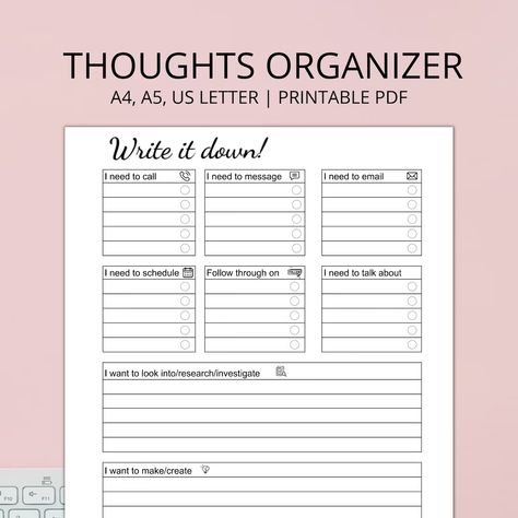 Brain Dump Printable Thought Organizer A4 A5 Letter - Etsy Netherlands Thought Organizer, Thought Tracker, Brain Dump Printable, Thought Journal, Analysis Paralysis, Weekly Budget Planner, Organization Planner, Budget Planner Template, Budget Spreadsheet