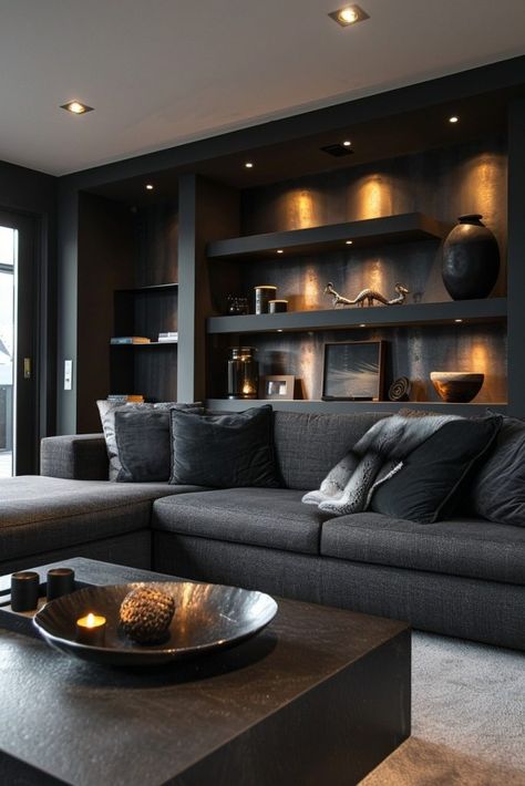 29 Dark Grey Couch Living Room Ideas for Sophisticated Style 9 Charcoal Sofa Living Room, Grey Couch Living Room Ideas, Dark Grey Sofa Living Room, Dark Grey Couch, Dark Lounge, Dark Living Room Ideas, Dark Grey Couch Living Room, Dark Grey Couches, Dark Grey Living Room