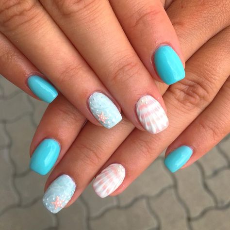 Nail Designs Colors, Beachy Nail Designs, Seashell Nails, Cruise Nails, Beach Nail Designs, Beach Nail, Beachy Nails, Summer Nail Designs, Painted Nails