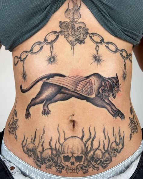 #tattoo #tattoos #inked #tattoodesign #bodyart #tattooartist #tattooed #ink #tattooink #tattooshop #tattooinspiration #tattooideas #tattoolife #inkartist #tattooing #tattoowork #artofink #tattooart #skintattoo #tattoosleeve Stomach Skull Tattoo, Demon Stomach Tattoo, Woman Stomach Tattoo, Lower Stomach Tattoos For Men, Cute Belly Tattoos, Side Burn Tattoos, Womens Chest Tattoo, Tattoos Sternum, Lower Belly Tattoos