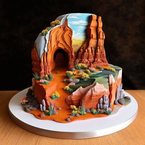 National Parks Cake, Landscape Cake Ideas, Grand Canyon Cake, Mountain Shaped Cake, Texas Shaped Cake, Desert Cake Theme, Hoedown Outfits, National Park Cake, Cake Landscape