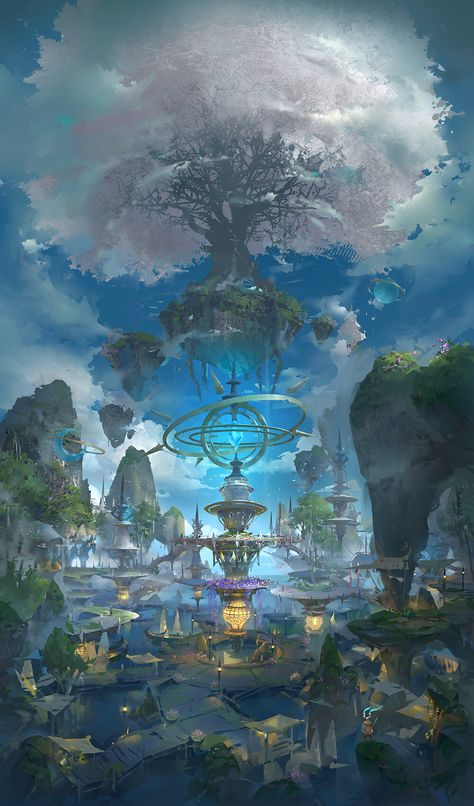 ArtStation - 树, 3 LY Anime Magic Aesthetic, Fire World Fantasy Art, Nature City Fantasy Art, Magical City Art, Magic City Fantasy Art, Minecraft Beautiful Builds, Floating City Fantasy Art, Fantasy Floating City, Anime World Wallpaper