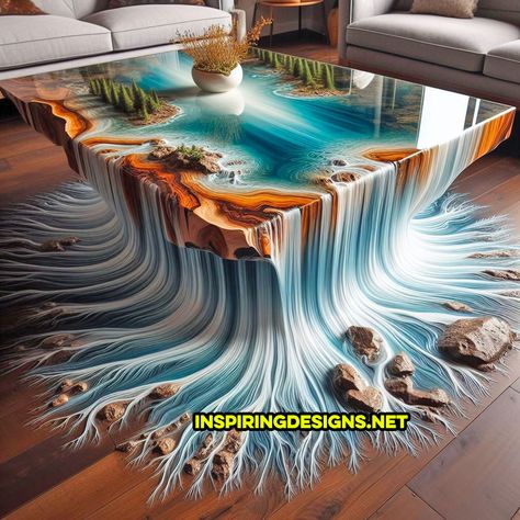 These Wood and Epoxy Waterfall Coffee Tables Will Make a Splash in Your Home Decor Waterfall Island Kitchen, Waterfall Kitchen, Seni Resin, Tranquil Spa, Natural Wood Kitchen, Waterfall Island, Kitchen Table Wood, Waterfall Features, Aquarium Design