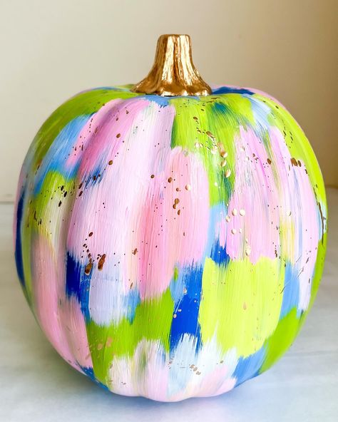 Pumpkin season is in! How cute are these abstract pumpkins with lots of color and gold touches! Visit my Etsy Shop for purchase! Limited supply!🤩🩵🌟🩷 #pumpkins #fall #abstract #painting #art #color #colorful #pumpkin Poppy Pumpkin, Cute Painted Pumpkin Ideas, Colorful Pumpkins, Halloween Pumpkin Crafts, Creative Pumpkin Painting, Hand Painted Pumpkin, Fall Arts And Crafts, Pink Fall, Halloween Pumpkin Designs