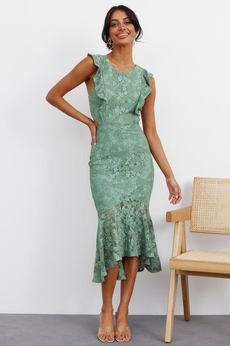 Midi Dress Green, Lace Outfit, Green Midi Dress, Lace Midi, Lace Midi Dress, Gold Jewellery, Ruffle Trim, Crochet Lace, Scoop Neckline