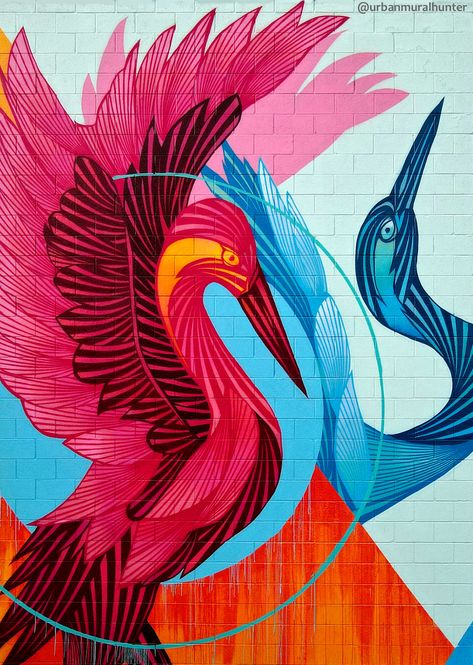 Bird Mural Street Art, Blue Crane Art, Bird Murals, Crane Mural, Crane Artwork, South Temple, Bird Mural, Crane Painting, Crane Drawing