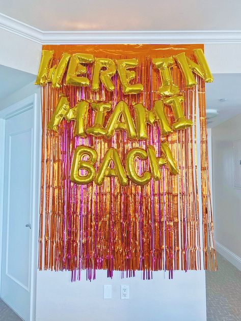 Miami Bachelorette Decor Set Up by Got Your Bash Im In Miami Bach, Miami Vice Bachelorette Party Theme, Hens Party Decorations Ideas, Miami Party Decor, Bachelorette Party Ideas Miami, Bach Trip Decorations, Miami Bachelorette Aesthetic, Miami Bachelorette Party Decorations, Bachelorette Party Themes Miami