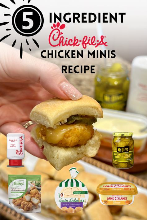 These Chick fil-A Chicken Minis are just 5 or less ingredients and taste just like the restaurant! Air fry or bake the chicken for a perfect recipe. They are served on yeast rolls with the classic sweet and sour sauce. Airfryer Pickles, Chicken Minis Recipe, Chik Fil A Chicken, Chick Fil A Sandwich, Chicken Minis, Chicken Breakfast, Chicken Sliders, Restaurant Specials, Ashley Johnson