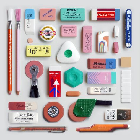 Eraser Collection, Cool Erasers, Things Organized Neatly, Product Poster, Art Supplies Storage, Vintage Stationery, Cool School Supplies, Notebook Art, Vintage Packaging