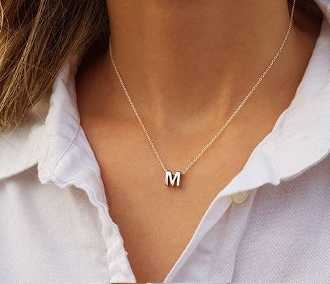 Letter M Necklace Silver, Jewelry Trending, Silver Initial Necklace, Promise Jewelry, Sideways Initial Necklace, M Necklace, Evil Eye Necklace Gold, Diamond Initial Necklace, Dainty Diamond Necklace