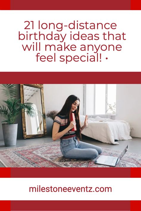 Woman joyfully video-calling on a laptop while seated on a carpet in a cozy room. Text reads, "21 long-distance birthday ideas." Emphasizes connection and celebration. Birthday Idea For Long Distance Boyfriend, Birthday Wishes For Ldr Boyfriend, Ldr Birthday Ideas, Virtual Birthday, Birthday Ideas Long Distance, Birthday Gifts For Girlfriend Long Distance, Birthday Surprise Ideas For Long Distance Relationship, Long Distance Bday Wishes Ideas, Birthday Gift Ideas For Long Distance Boyfriend