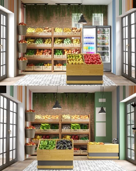 Grocery Shop Design Interiors, Fruit Shop Interior Design, Small Supermarket Design Interior, Small Fruit Shop Design, Fruits Shop Design, Fruit And Veg Shop Design, Fruit Store Design, Vegetable Shop Design, Vegetable Shop Design Ideas