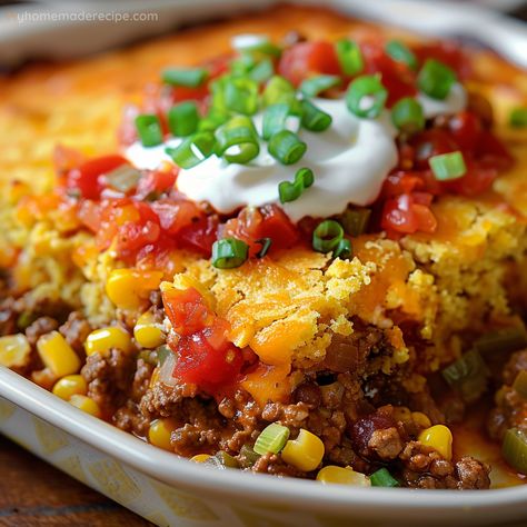 Hearty Mexican Cornbread Casserole - Easy Recipe - My Home Made Recipe Mexican Casserole With Cornbread Topping, Southwest Cornbread Casserole, Cornbeard Casserole, Stuffed Cornbread Recipes, Recipes With Cornbread Dinners, Casserole Recipes Cornbread, Mexican Cornbread With Hamburger Meat, Jiffy Mexican Cornbread Casserole, Jiffy Mexican Cornbread Recipes