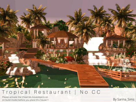 Sims 4 Restaurant No Cc, Tropical Restaurant, Sims Lots, Sims 4 Restaurant, Hawaiian Restaurant, Waterfall House, Outside Pool, Glamping Resorts, Sims 4 House Plans