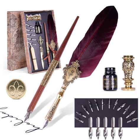 PRICES MAY VARY. 【Calligraphy Set Includes】This vintage calligraphy dip pen kit comes with 1x feather pen, 1x wooden dip pen, 1x ink, 1x sealing wax, 1x 2 in 1 pen holder & seal stamp, 1x letter paper, 1x envelope, , 17x Nibs, complete accessories in one set to meet your different needs. all of them are package in exquisite retro box, convenient to use during writing and easy to store after using. 【High quality materials】 The nib is an elegant and handcrafted pen that mixes stainless steel with Gift Calligraphy, Vintage Calligraphy, Handcrafted Pens, Feather Pen, Calligraphy Set, Quill Pen, Calligraphy Pen, Pen Kits, Dip Pen