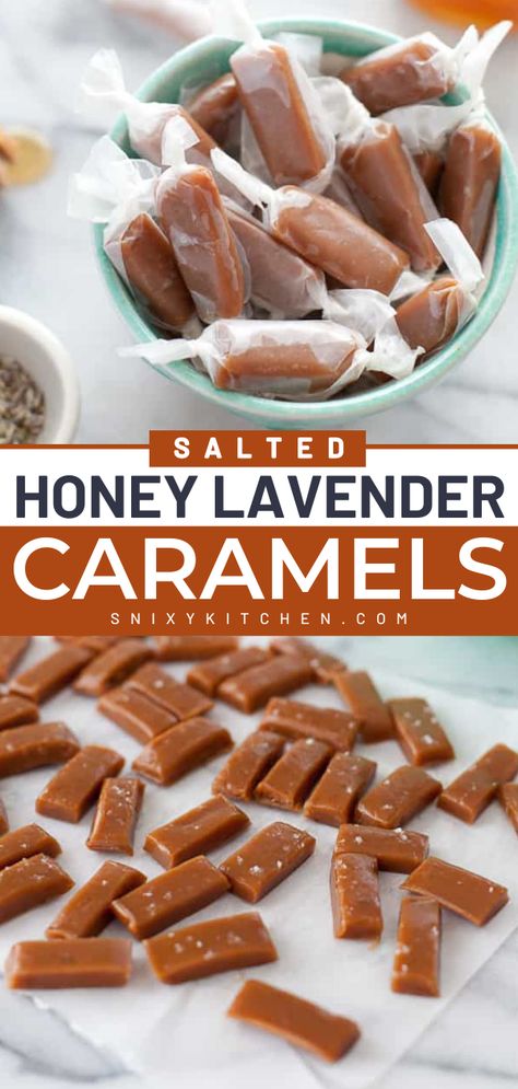 Looking for a quick and easy no-bake treat? These Salted Honey Lavender Caramels are homemade caramels that taste like a spoonful of honey with just a hint of fresh lavender and a kick of fleur de sel. Pin this yummy dessert recipe! Honey Lavendar Recipe, Lavender Caramel Recipe, Lavender Salt Cooking, Lavender Honey Butter, Wildflower Honey Recipes, Lavender Honey Recipe, Camomile Recipe, Things To Make With Honey, Lavender Recipes Baking