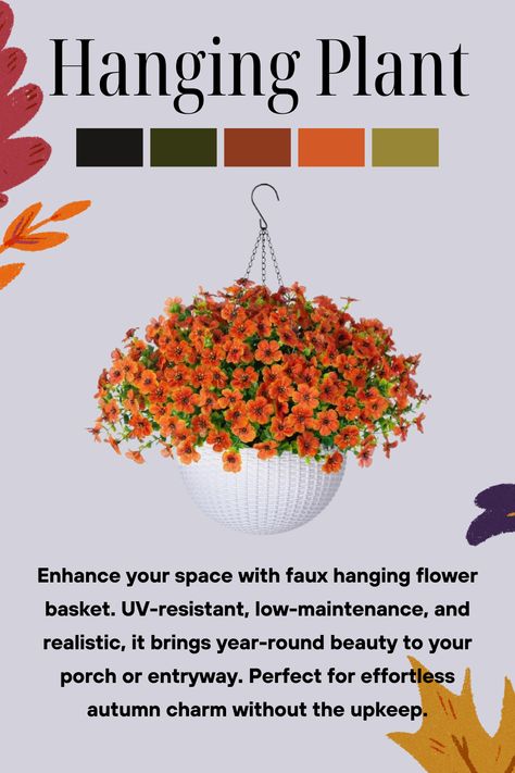 Add warmth and charm to your porch with this stunning artificial hanging mums basket. The vibrant faux orange daisies, set in a classic white basket, bring the beauty of autumn to your front porch or garden. UV-resistant and low-maintenance, this decor piece shines all season long. 
#AutumnHangingFlowers #HomeInspiration #FallPorchDecor #FauxSilkFlowers #UVResistantFlowers #PatioDecor #OutdoorFallStyle #HangingPlanters #NoMaintenanceDecor #FrontYardDecor #InteriorDesign #HomeDecor #InteriorInspo Mums Hanging Basket, Orange Mums Front Porch, Fall Hanging Door Basket, Fall Porch Pink Mums, Purple And Orange Mums Front Porch, Fall Front Porch Decor Ideas, Front Yard Decor, White Baskets, Mums Flowers