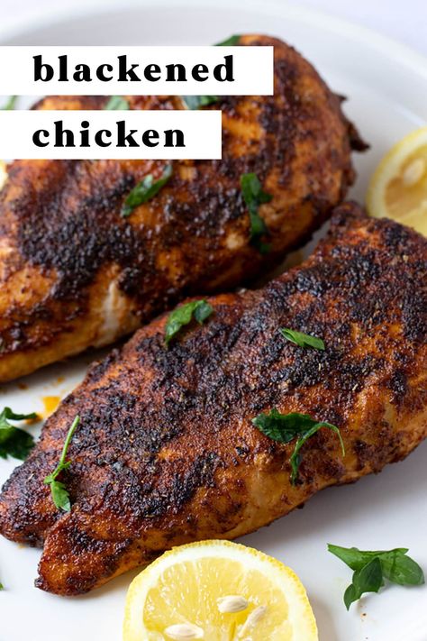 Blackened chicken is about to be your new go-to main course. Juicy chicken coated in an amazing blend of spices, then seared in butter and finished off in the oven. It couldn't be easier or more delicious. Never eat boring chicken again! Sweet Green Blackened Chicken, Blackened Chicken Baked, Blackened Chicken Crockpot, Healthy Juicy Chicken Recipes, Blackened Chicken Recipe Dinners, Blacked Chicken Recipe, Blacken Chicken Recipes, How To Make Blackened Chicken, Blacken Chicken Breast