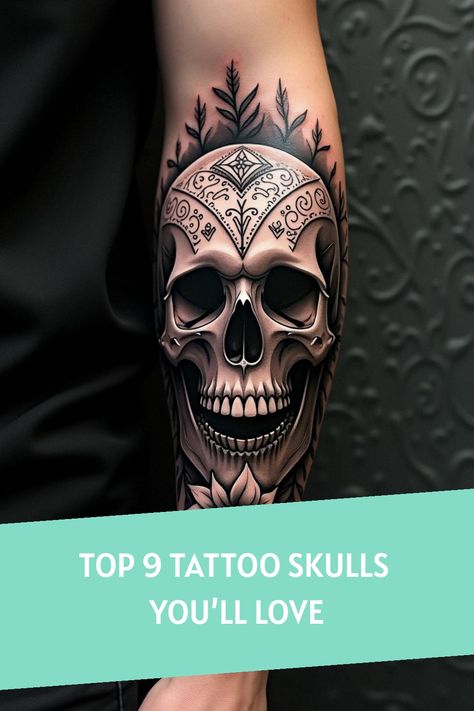 Top 9 Tattoo Skulls You’ll Love Traditional Skulls, Iconic Tattoos, Skull Tattoos For Men, Hand Tattoos For Men, Tattoo Skulls, 9 Tattoo, Epic Tattoo, Sugar Skull Tattoos, Bone Art