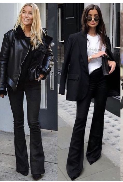 Black High Rise Flare Jeans Outfit, Flare Jeans Chic Outfit, Black Flared Dress Pants Outfit, Black Denim Flares Outfit, Fall Evening Outfit Dressy, Jeans Fall Outfit 2024, Chic Flare Jeans Outfit, Black Flare Leg Jeans Outfit, Flare Jeans Style Outfit Ideas