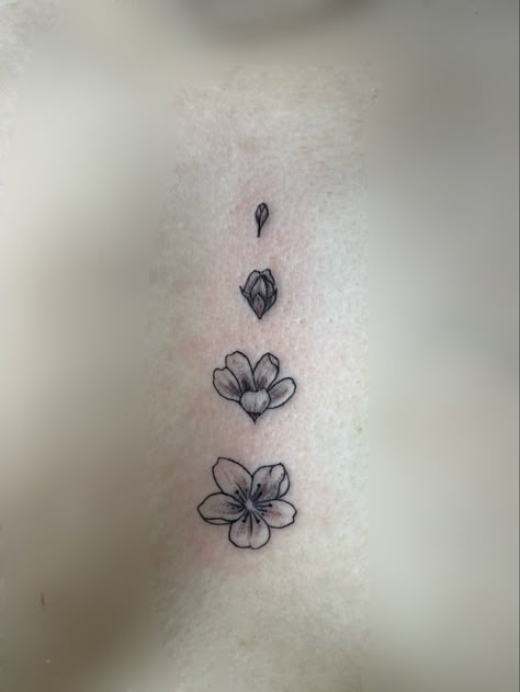 Blossoming Flower Tattoo, Flower Phases Tattoo, Stages Of Life Tattoo, Small Blossom Tattoo, Blossom Cherry Tattoo, Mini Cherry Blossom Tattoo, Blooming Flower Tattoo Stages, Cherry Blossom Simple Tattoo, Cherry Blossom Finger Tattoo