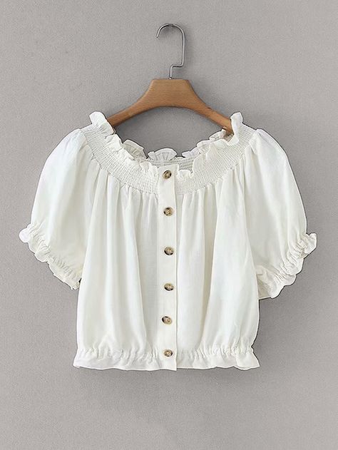 Button Front Lettuce Trim Off Shoulder Blouse | SHEIN Blouse With Buttons, Smart Casual Dress, Crop Top Designs, Trendy Fashion Tops, Summer Fashion Outfits, Fashion Tops, Indian Outfits, Cute Tops, Lettuce