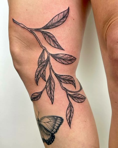 Leaves Tattoo Wrapped Leg Tattoo, Thigh Tattoos Patchwork, Leg Tattoo Design, 108 Tattoo, Knee Tattoos, Lucky Tattoo, Leaves Tattoo, Flower Thigh Tattoos, Wrap Tattoo