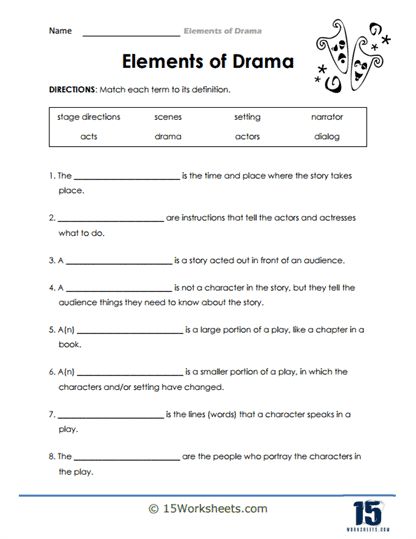 Theater Terminology Worksheet - 15 Worksheets.com Theatre Worksheets, Elements Of Dance Worksheet, Grade 7 Drama Unit, Parts Of A Theater Stage, Theatre Terms, Family Tree Template Excel, Radical Expressions, Elements Of Drama, Drama For Kids