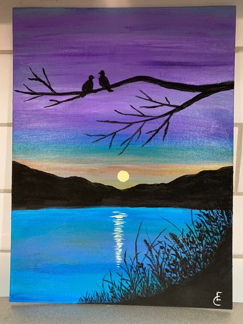 Love Birds at Lake at Sunset - Etsy Australia Panting Photo Ideas Easy, Beach Sunset Painting Easy, Easy Water Painting, Easy Cartoon Paintings, Lake Painting Easy, Sunset Lake Painting, Easy Nature Paintings, Paint Sunset, Sunset Paintings