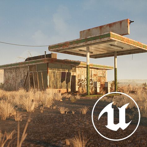 ArtStation - [UE4] Abandoned Gas Station Abandoned Gas Station, Old Gas Stations, Gaming Station, 3d Building, Post Apocalypse, Cold Night, Art Station, Dieselpunk, Gas Station