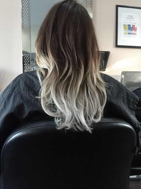 Black Hair Dip Dye, White Ends Hair Dip Dyed, Brown Hair With Silver Tips, Cool Toned Ombre Hair, White Balayage On Dark Hair, Brown Hair With White Tips, Frosted Tips Long Hair, Bleached Tips Hair, Black Hair With Blonde Tips