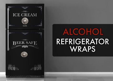 Man Cave Fridge, Refrigerator Wraps Ideas, Bar Height Kitchen Table, Beer Safe, Refrigerator Wrap, Bourbon Room, Refrigerator Wraps, Kitchen Dark, Vintage Refrigerator