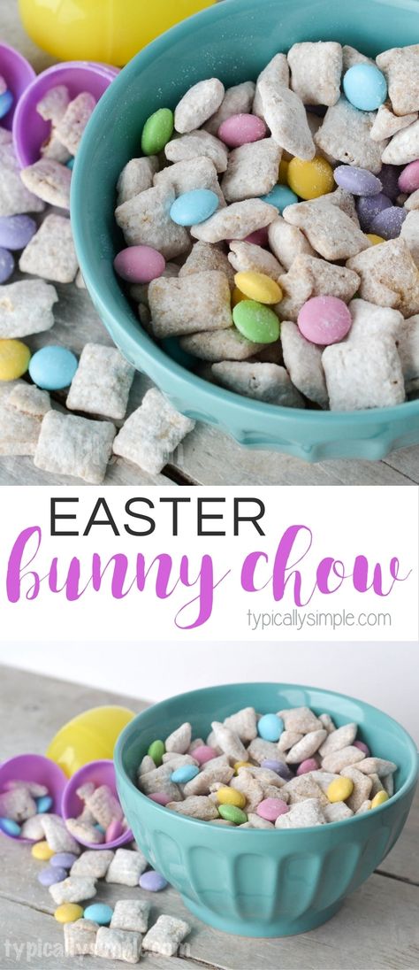 This Easter Bunny Chow recipe is a fun spin on Puppy Chow and makes the perfect treat for Easter or spring! Easter Bunny Chow, Easter Puppy Chow, Bunny Chow Recipe, Easter Bunny Desserts, Easter M&ms, Chow Recipe, Bunny Chow, Puppy Chow Recipes, Easter Snacks