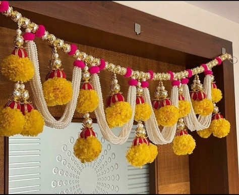 Decoration Handmade Toran Ideas, Toran Designs Doors Handmade, Macrame Toran Designs, Flower Toran, Cork Garland, Macrame Toran, Subh Labh, Toran Designs, Hanging Decorations Diy