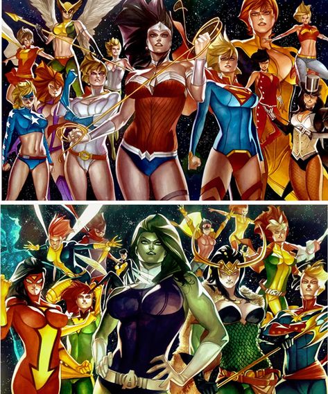 DC Girls vs Marvel A-Force Art Prints Dc Comics Vs Marvel, Marvel And Dc Crossover, Dc And Marvel, Dc Women, Dc Comics Girls, Dc Comics Wallpaper, 8 March, Comics Marvel, Dc Comics Superheroes