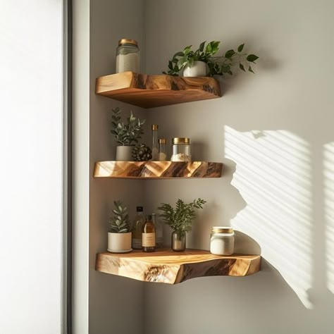 Floating Shelves Design, Walnut Floating Shelf, Walnut Floating Shelves, Live Edge Shelves, Floating Bookshelf, Nursery Bookshelf, Floating Bookshelves, Floating Corner Shelves, Corner Wall Shelves