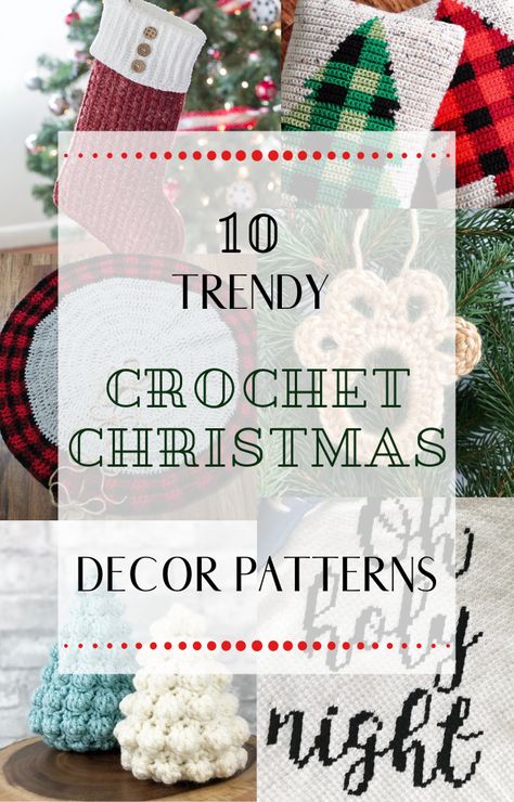 10 trendy Christmas Crochet Decor Patterns you will love making for your home. Christmas Tree Ornament, Christmas Stocking, Christmas Tree Skirt and other home decor patterns you can crochet for your home this Christmas. | #crochet #crochetchristmas #christmasdecor #crochetstocking #patternroundup #crochetpattern Christmas Crochet Home Decor, Winter Crochet Decor, Crocheted Christmas Trees Free Patterns, Christmas Crochet Decor, Crochet Christmas Free Pattern, Crochet Rustic Christmas Trees, Crochet Decor Patterns, Holiday Crochet Patterns Free, Christmas Crochet Ornaments Tree Garland