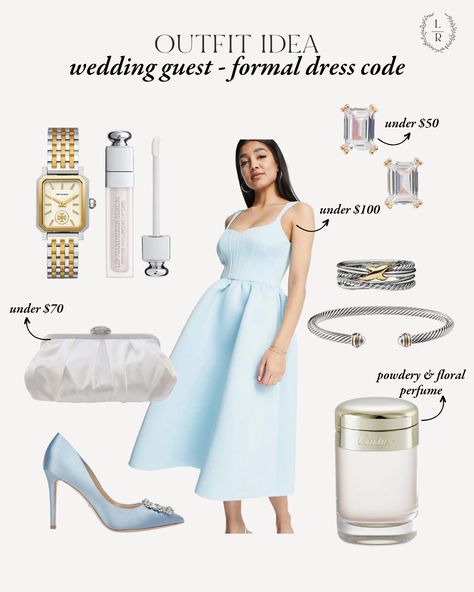 Soft baby blue pastel dress for a wedding guest dress or any formal dress code. With a two-toned silver and gold watch, silver David Yurman jewelries and silver toned embellished shoes and clutch. Click through to shop, and follow for more Girly Outfits Spring, Summer Girly Outfits, Wedding Guest Dress Outfit, Silver And Gold Watch, Dress For A Wedding Guest, Feminine Summer Outfits, White Tie Dress, Wedding Guest Fashion, Black Tie Dresses