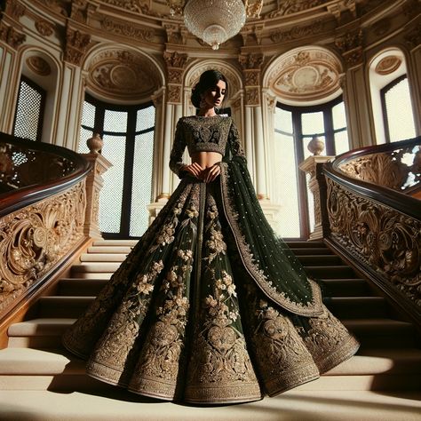 Discover the Beauty of a Dark Green Bridal Lehenga for Your Wedding (2) Pakistani Bridal Wear Green, Emerald Green Wedding Lengha, Indian Wedding Outfits Bridal Lehenga Emerald Green, Indian Wedding Bride Dress, Dark Green Wedding Lehenga, Dark Green Reception Dress, Dark Coloured Lehengas, Emerald Green Bridal Lehenga, Forest Green Lengha