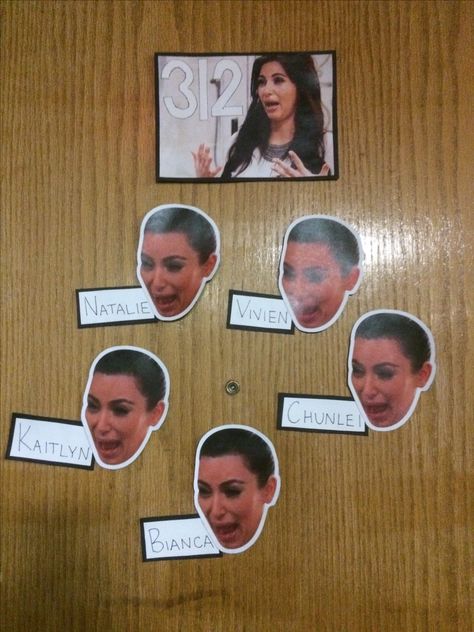 Kim K Meme Door Decs Meme Door Decs, College Door Decoration, Dorm Door Ideas, Door Tags Resident Assistant, Maya Harris, College Door Decs, Dorm Name Tags, Cabinet Doors Diy Projects, Ra College