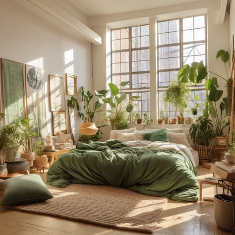 Modern Plant Bedroom, Sage Green Bedroom Ideas Aesthetic, Green Plant Bedroom Aesthetic, Green Plant Room Aesthetic Bedroom, Asian Apartment Aesthetic, Earthy Luxury Bedroom, Green Plants Aesthetic Room, Green Themed Room, Green Nature Bedroom Aesthetic