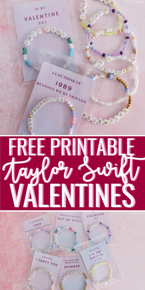 These FREE printable Taylor Swift Valentines are perfect for Swifties of all ages! Give them out with friendship bracelets or stickers. via @prettyprovidnce Be My Valentine Kids, Valentines Diy Kids Crafts, Taylor Swift Bracelet Valentine, Diy Taylor Swift Valentines, Taylor Swift Class Valentines, Free Printable Taylor Swift Valentines, Cute Valentines Bracelets, Friendship Bracelets Valentines, Taylor Swift Valentines Day Cards Printable