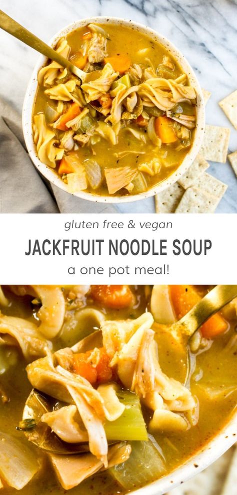 Jackfruit Chicken, Vegan Noodle Soup, Vegan Chicken Noodle Soup, Soup And Salad Combo, Vegan Jackfruit, Jackfruit Recipes, Weekly Meal Planning, One Pot Meal, Cooking Chicken To Shred