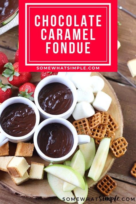 Chocolate caramel fondue is a decadent dessert the whole family will enjoy!  It'll be ready in minutes so grab your favorite foods to dip and start enjoying! This dessert is perfect for parties, family gatherings or anytime you get together with a bunch of people! #chocolatecaramelfoundue #chocolatefonduerecipe #easyfonduerecipe #partyfood #fonduepartyideas via @somewhatsimple Caramel Fondue Recipes, Chocolate Caramel Fondue, Best Chocolate Fondue, Caramel Fondue, Easy Fondue Recipes, Chocolate Fondue Recipe, Fondue Recipe, Fondue Recipes, Chocolate Making