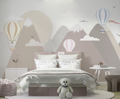 Soft Color Animal and Balloon Wallpaper by MyNurseryRoom on Etsy Balloon Wallpaper, Grey Nursery, Vinyl Wallpaper, Nursery Ideas, Soft Colors, Wall Mural, Wall Wallpaper, Baby Room, Natural Color