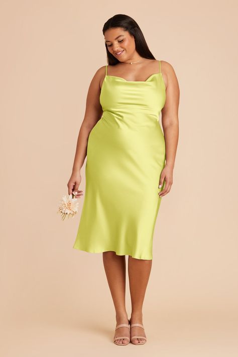 A fresh take on the 90's classic, our Lisa Matte Satin Midi in chartreuse is spun from a super luxe, matte poly satin and features skinny adjustable straps and light cowling in a bias-cut midi silhouette. A slinky midi-length bridesmaid dress with light cowl neckline and matte shine. | Chartreuse Bridesmaid Dress Matte Satin Size Small | Birdy Grey Lisa Midi White Dresses For Sale, Lime Green Dress, Tuxedo Women, Birdy Grey, Chic Shop, Plus Size Jumpsuit, Cowl Neckline, Satin Midi Dress, Matte Satin