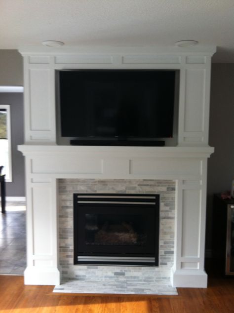 My husbands Pinterest fireplace..so talented! Fireplace Refacing, French Country Fireplace, Reface Fireplace, Wood Fireplace Surrounds, Tahoe House, Indoor Fireplaces, Remodel Farmhouse, Fireplace Tiles, Stair Rails