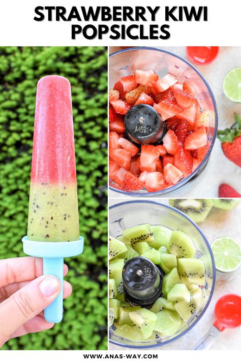 Strawberry Kiwi Popsicles, Kiwi Popsicles Recipe, Kiwi Desserts, Unicorn Valentine Box Diy, Banana Popsicle Recipes, Kiwi Sorbet, Healthy Strawberry Recipes, Kiwi Dessert, Kiwi Popsicles